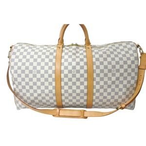Louis Vuitton Tan Bag Keepall Azur Boston Damier White Bandouliere Leather Beige